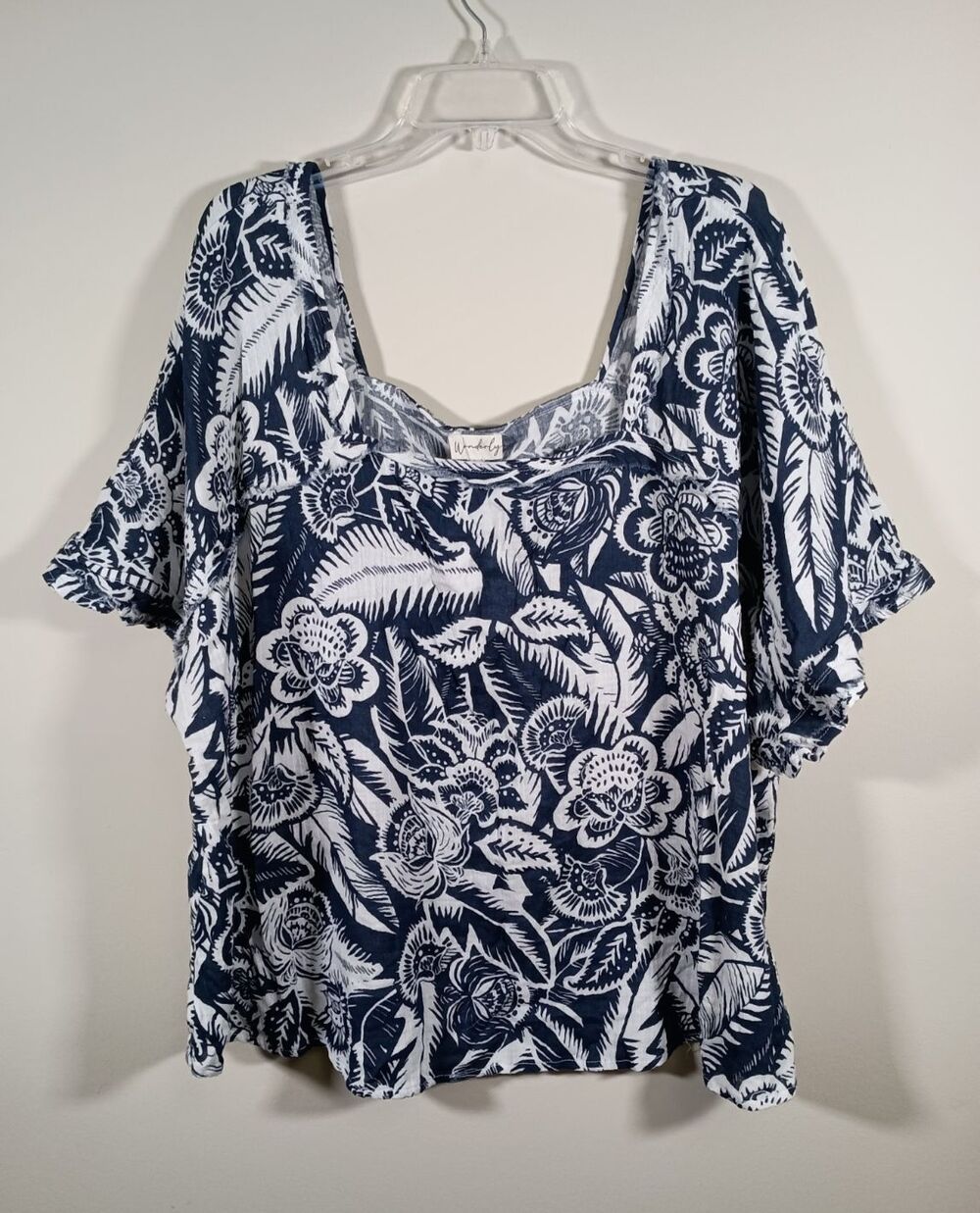 Wonderly Cotton Wide Sleeve Floral Square Neck Boho Blue White Top Plus Size 3X